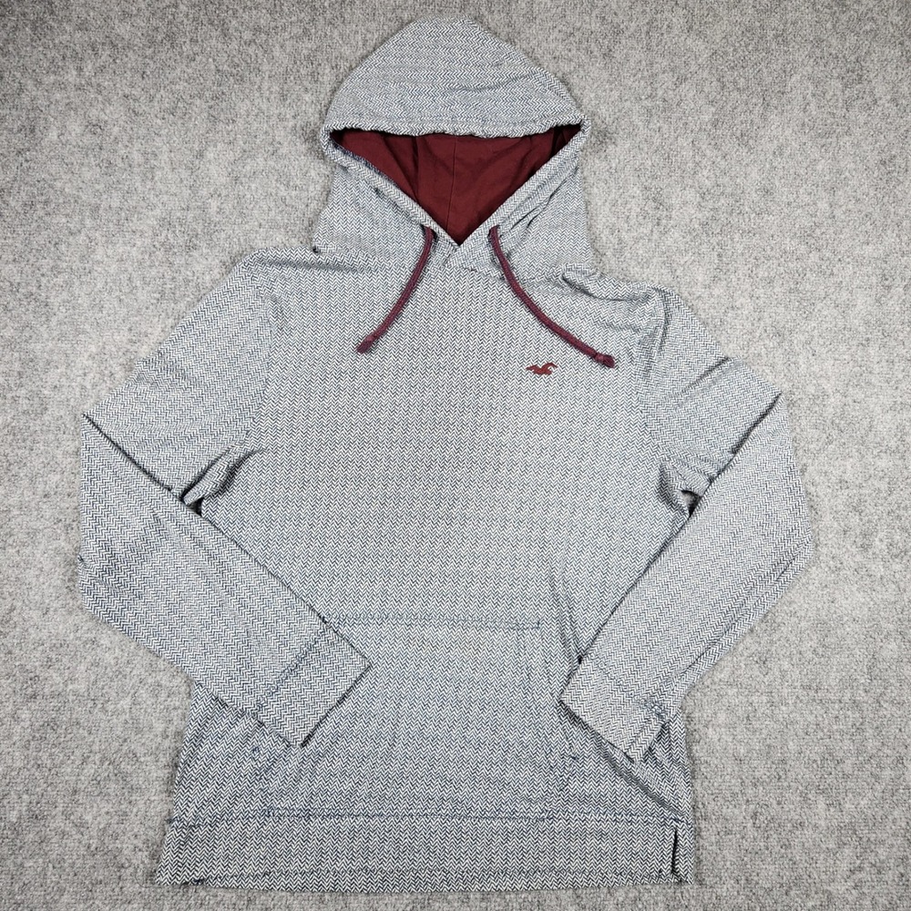 Hollister Mens Small Herringbone Pullover Hoodie Navy White Burgundy Logo S
